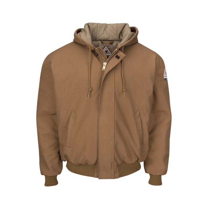 Men's Insulated Brown Duck Hooded Jacket with Knit Trim Thumbnail